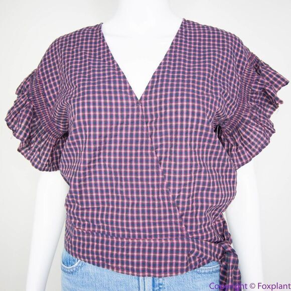 NEW Madewell Flutter-Sleeve Side-Tie‎ Wrap Top in Plaid, S - Picture 6 of 14